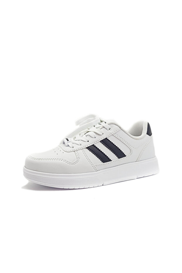 White Color Black Stripe Detailed Flat Sole Lace up Women's Sneakers