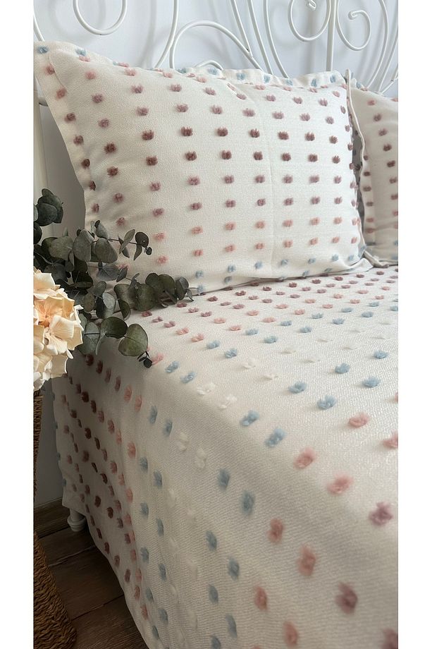 Lale Model Ekru Pembe Mavi Yatak Örtüsü / Pike Takımı Tek Kişilik - 3