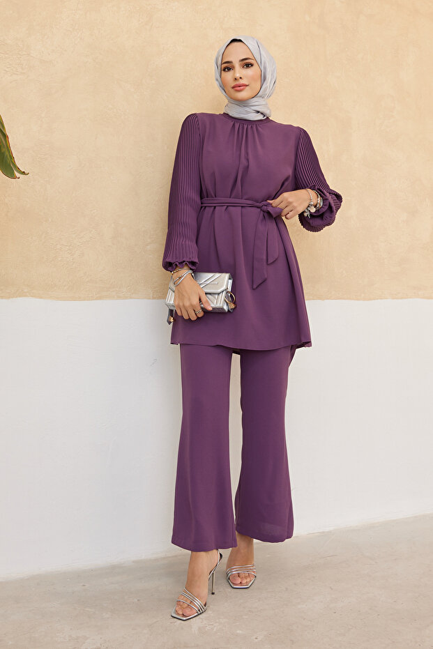 Kolları Piliseli Pantolon Tunik Takım - Leylak - 3