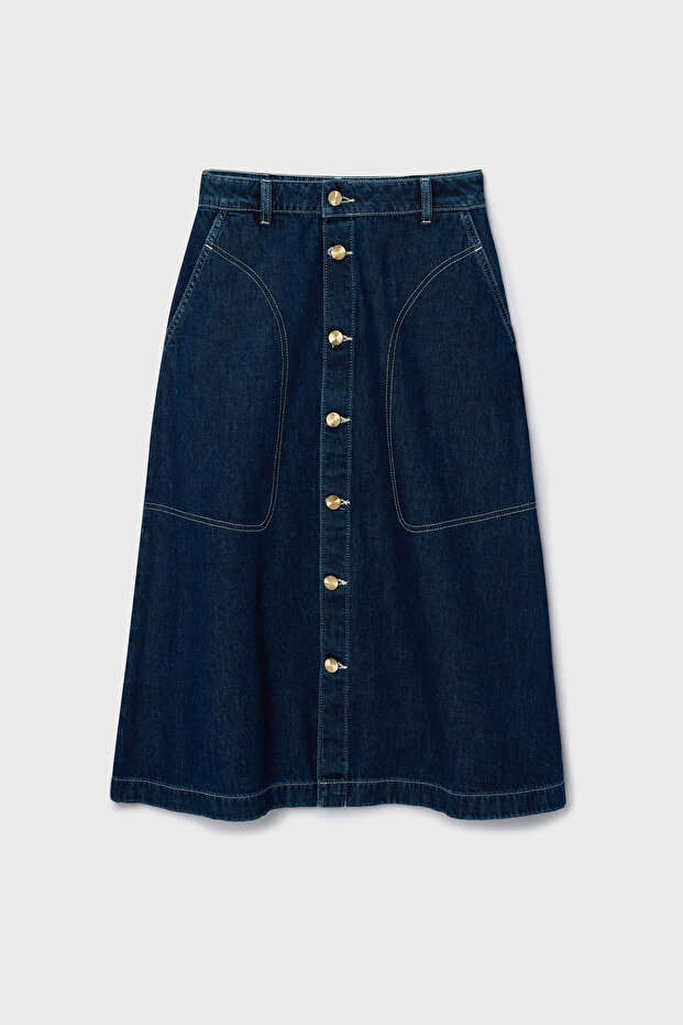 Düğmeli Denim Etek - 7