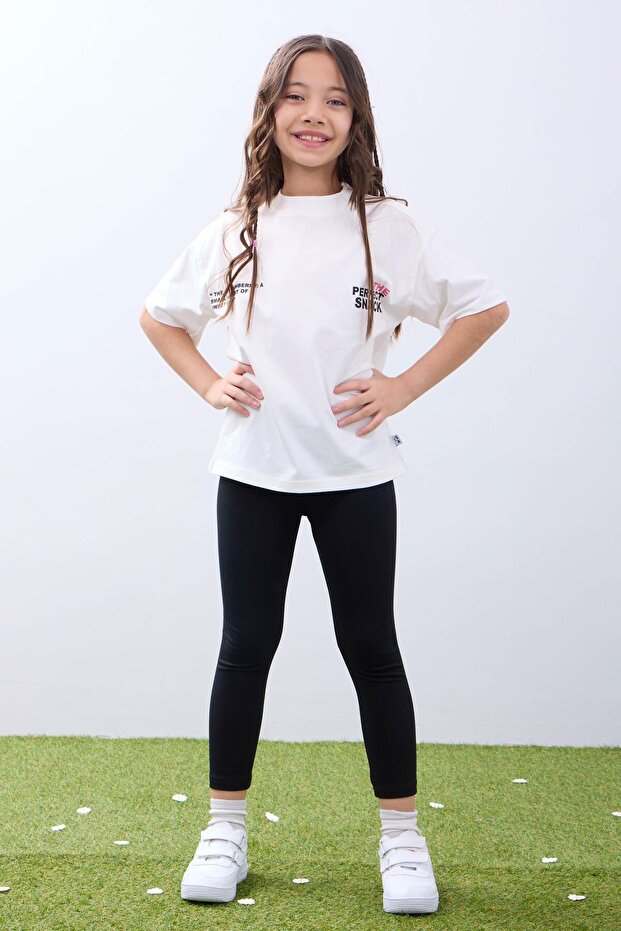 Girls Ecru T-Shirt and Black Leggings Set - Soft and Comfortable Summer Set