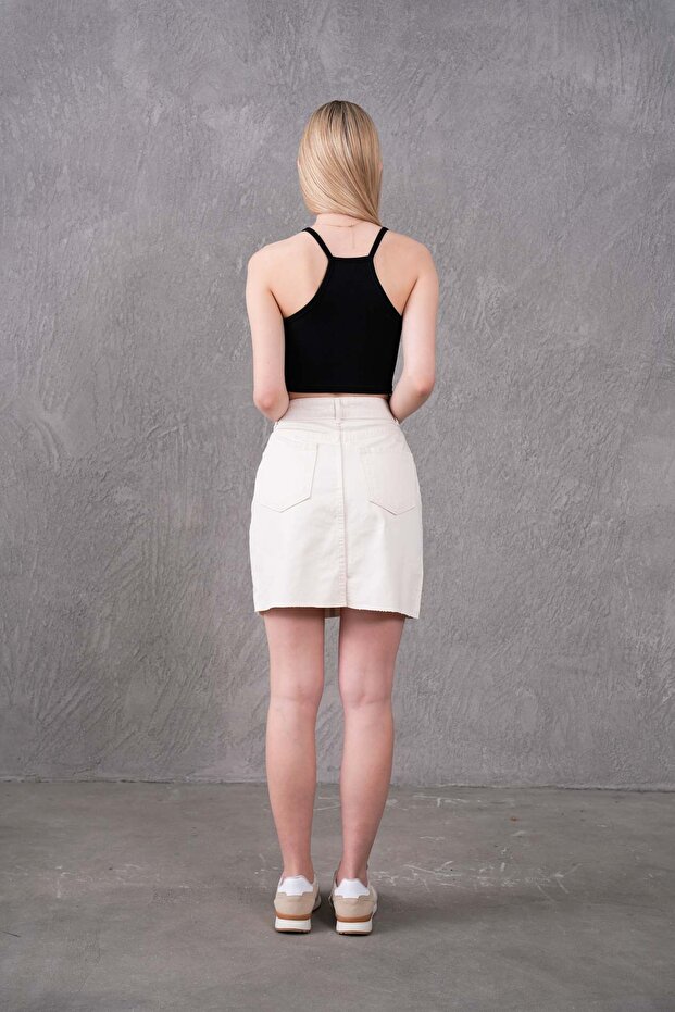 Ekru Mini Denim Etek - 6