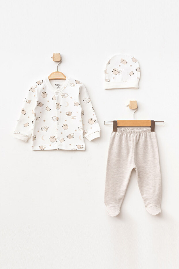 Baby Boy Lamb Patterned Cardigan Pants Beanie 3-Piece Bottom Top Baby Set 0 Months - 6 Months