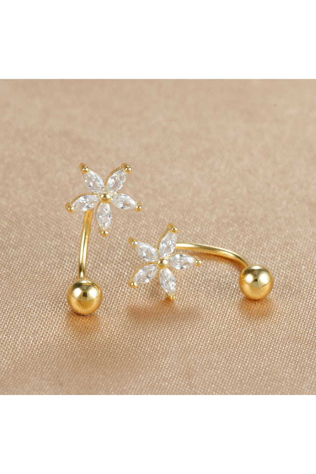 Gold-2pcs 2PC Gold Color Small Crystal Flower Ear Studs Earring Stainless Steel Cartilage Daith Earr