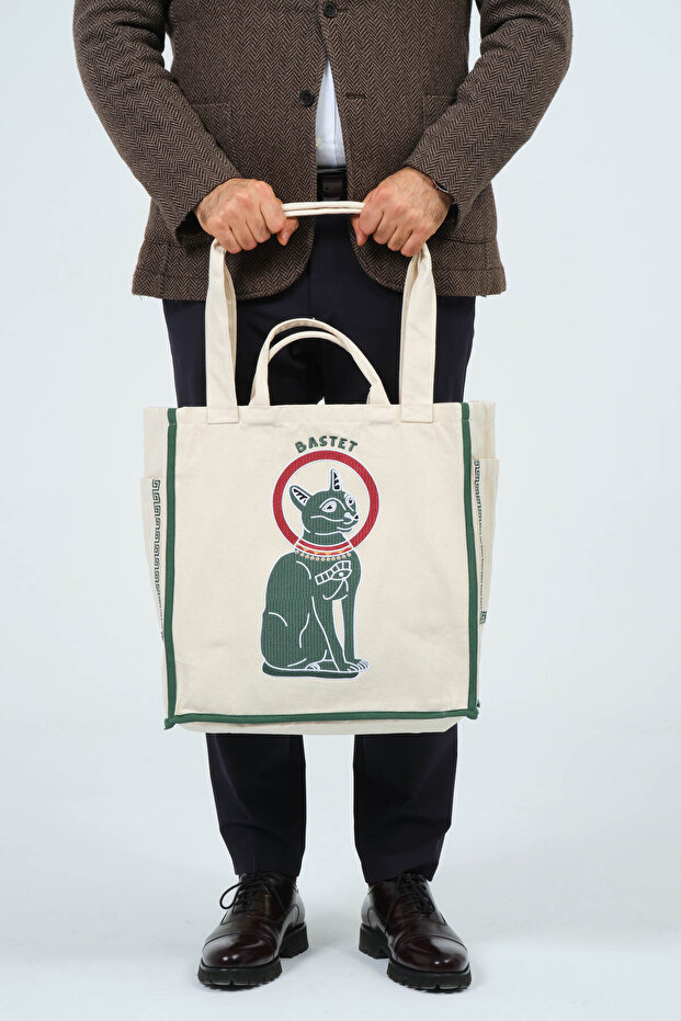 Bastet Nakış İşlemeli %100 Pamuk Çok Cepli Fonksiyonel Bez Çanta - 5