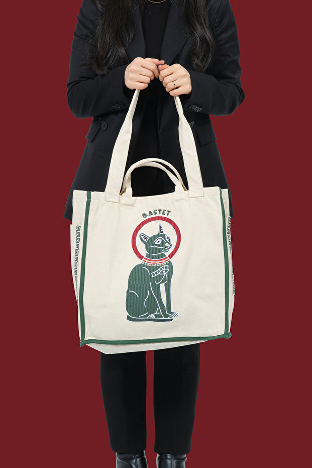 Bastet Nakış İşlemeli %100 Pamuk Çok Cepli Fonksiyonel Bez Çanta - 1