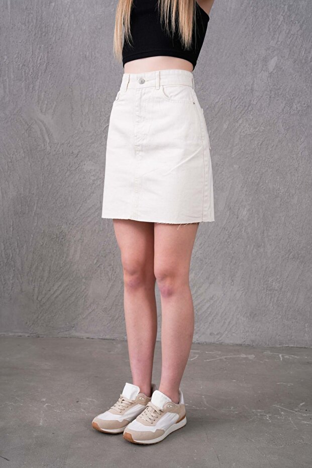 Ekru Mini Denim Etek - 1