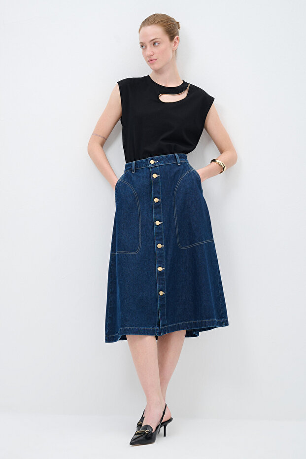 Düğmeli Denim Etek - 3