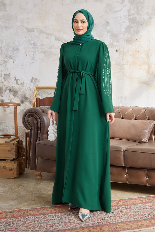 Rona Kolları Desenli Abaya - Zümrüt - 4
