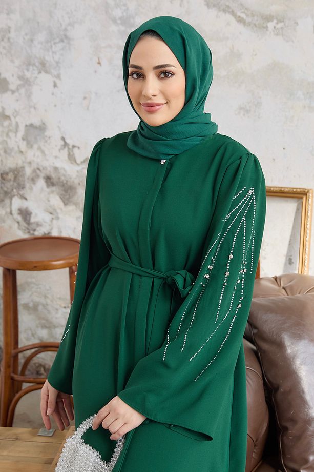 Rona Kolları Desenli Abaya - Zümrüt - 2