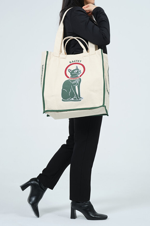 Bastet Nakış İşlemeli %100 Pamuk Çok Cepli Fonksiyonel Bez Çanta - 2