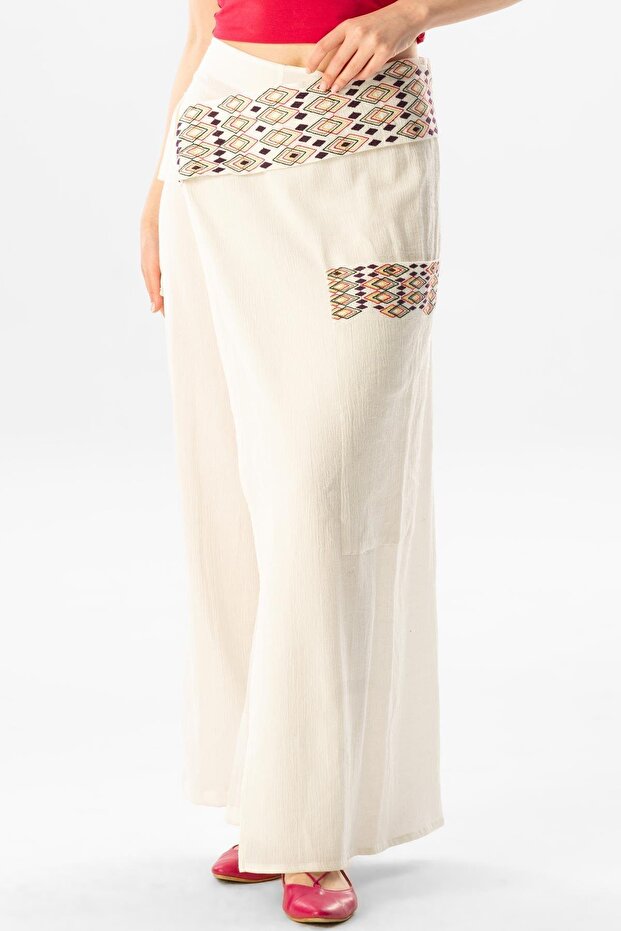 Kumru Şile Cloth Embroidered Lacing Detailed Summer Authentic Trousers Cream Red