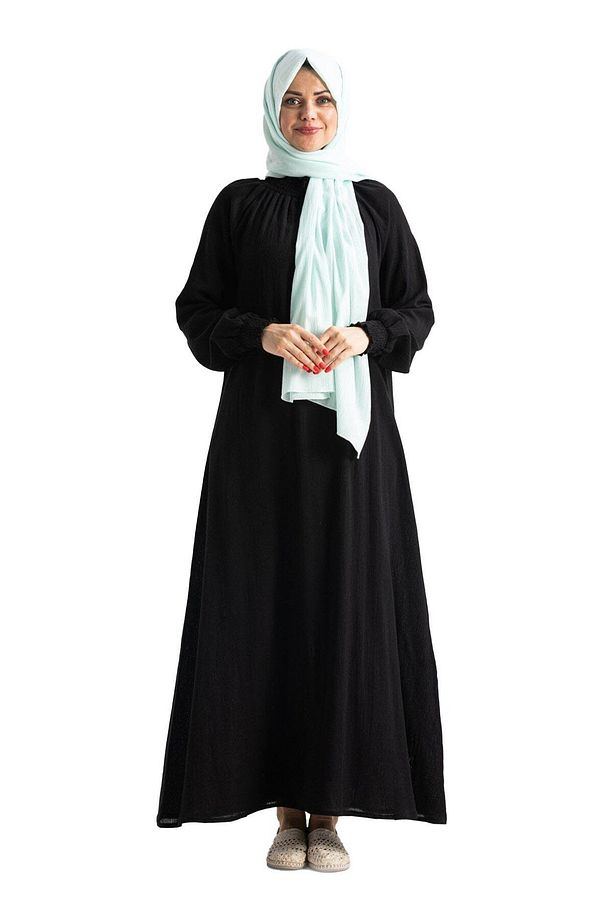Kadın Şile Bezi Pamuk Namaz Elbisesi Tek Parça Kolay Boydan Giyilen Kolu Ve Yakası Lastikli Siyah Sy - 7