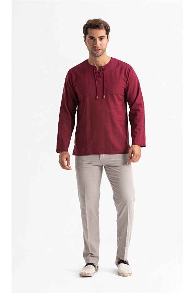 Long Sleeve Şile Diaper Stapled Men's Summer Tshirt Dark Burgundy 3068