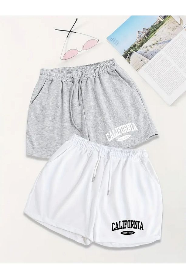California West Coast Baskılı 2'li Şort Unisex Yazlık Rahat  Basic Şort - 1