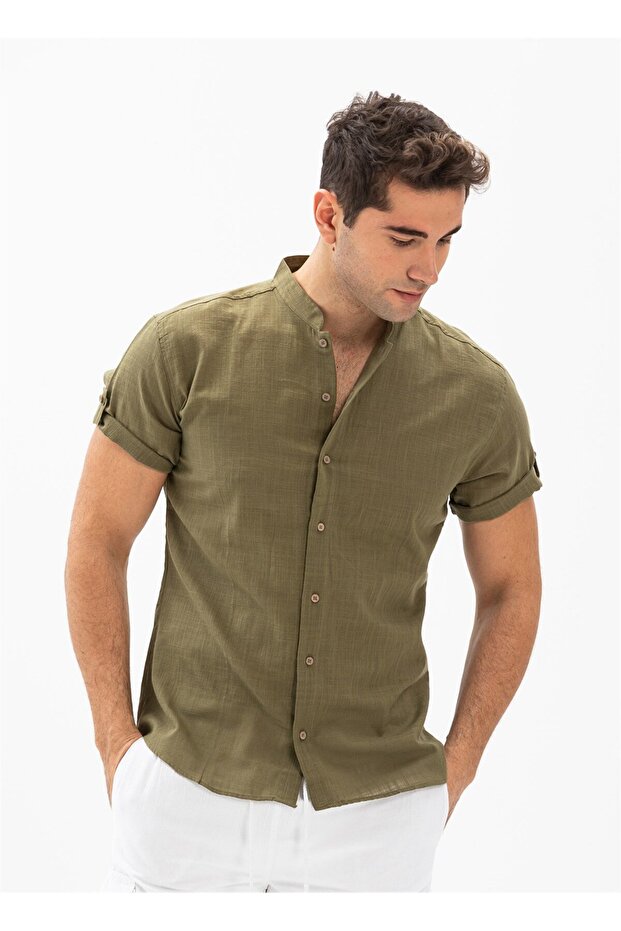 Short Sleeve Slub Cotton Bodrum Summer Men's Shirt Khaki 3049
