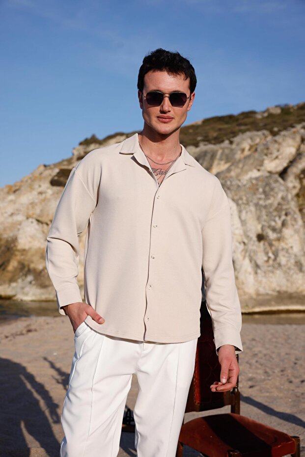 Men's Beige Color Knitted Ottoman Fabric Long Sleeve Shirt