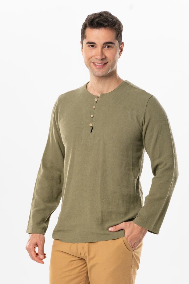 Halicarnassus Long Sleeve Violet Button Detailed Men's Summer T-shirt Khaki Hk