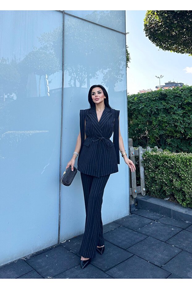 Tie-Detail Double Belted Blazer Vest Trousers Set