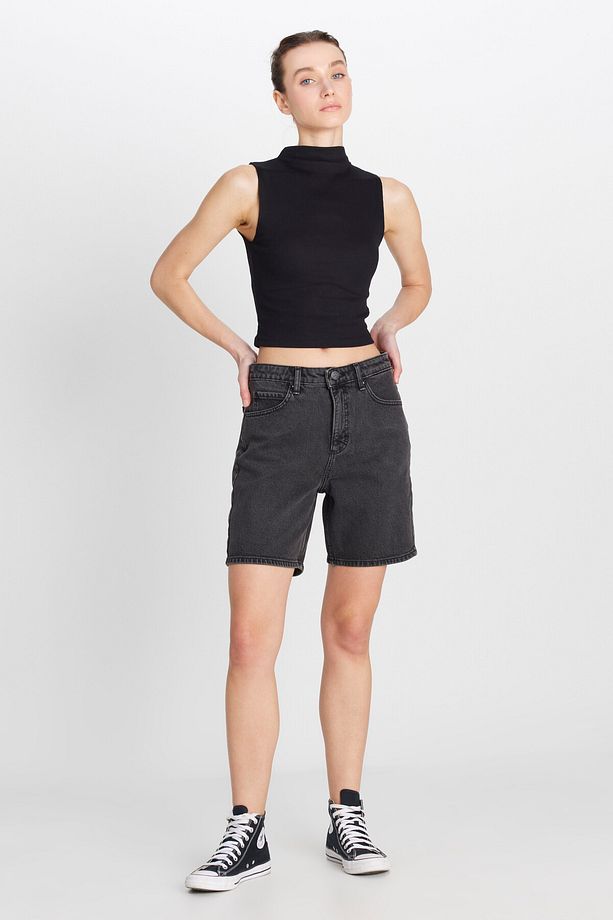 Slim Fit Dar Kesim Normal Bel Bermuda Antrasit Jean Kot Şort - 2