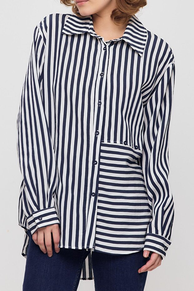 قميص كحلي، 4522A مخطط بأزرار - 4