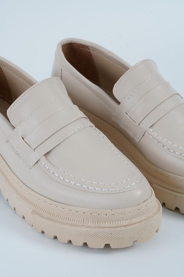 Kadın Bej Deri Corteko Kalın Taban Loafer Makosen Ayakkabı 4,5cm Byndlfrk02 - 7