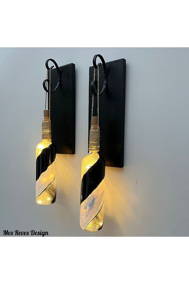 Led Işıklı Ahşap Siyah Renkli Vitray Cam Salon Bar Bahçe Dekoru Şarap Şişesi Duvar Aplik 2'li Set - 4