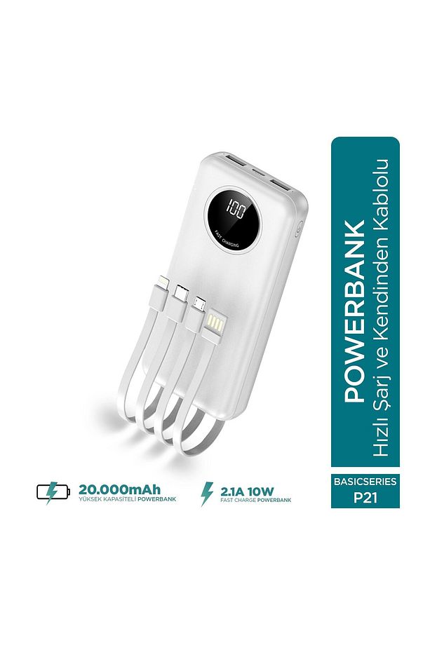 Force P21 Led Ekranlı Micro Lightning Type-c Ve Usb-a Kablolu 20.000mah Powerbank - 1