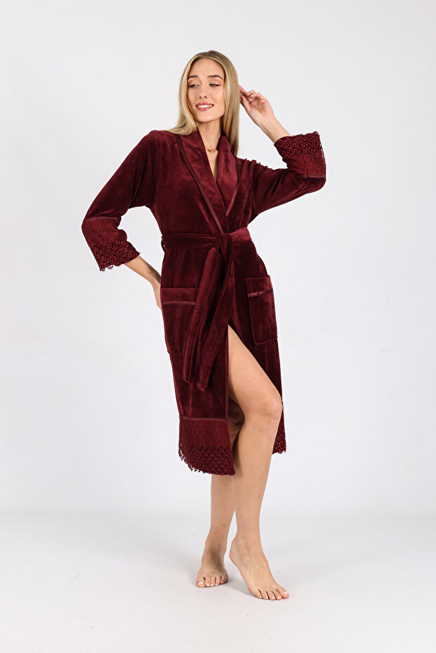 Satin Bias Lace Shawl Collar Bamboo Cotton Dressing Gown