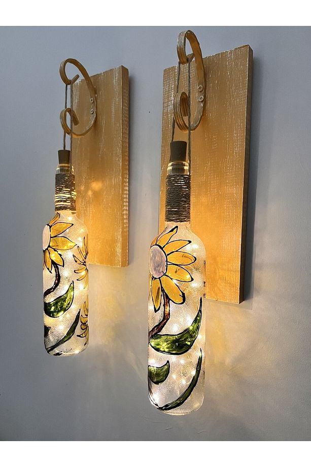 Peri Led Aydınlatma Sarı Ahşap Dekorlu, Vitray El Boyama Ayçiçekli Şarap Şişesi Aplik 2 'li Set. - 5