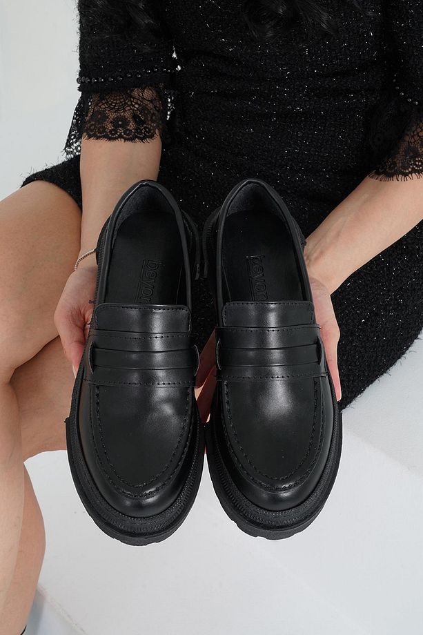 Kadın Siyah Deri Corteko Kalın Taban Loafer Makosen Ayakkabı 4,5cm Byndlfrk02 - 4