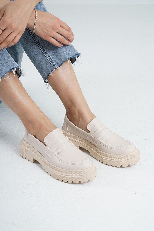 Kadın Bej Deri Corteko Kalın Taban Loafer Makosen Ayakkabı 4,5cm Byndlfrk02 - 1