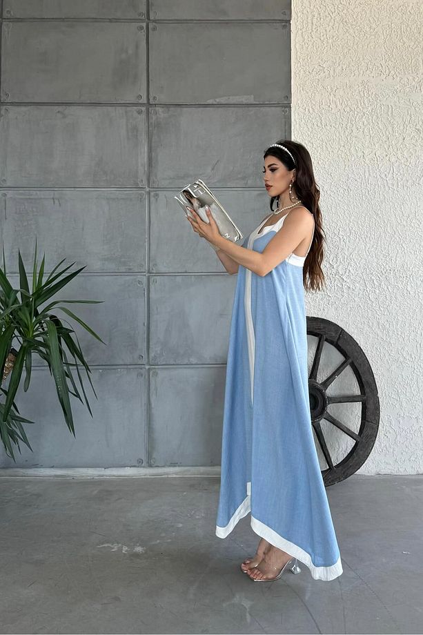 Asimetrik Kesim Ayarlanabilir İp Askılı Ayrobin Kumaş Maxi Boy Elbise - 4