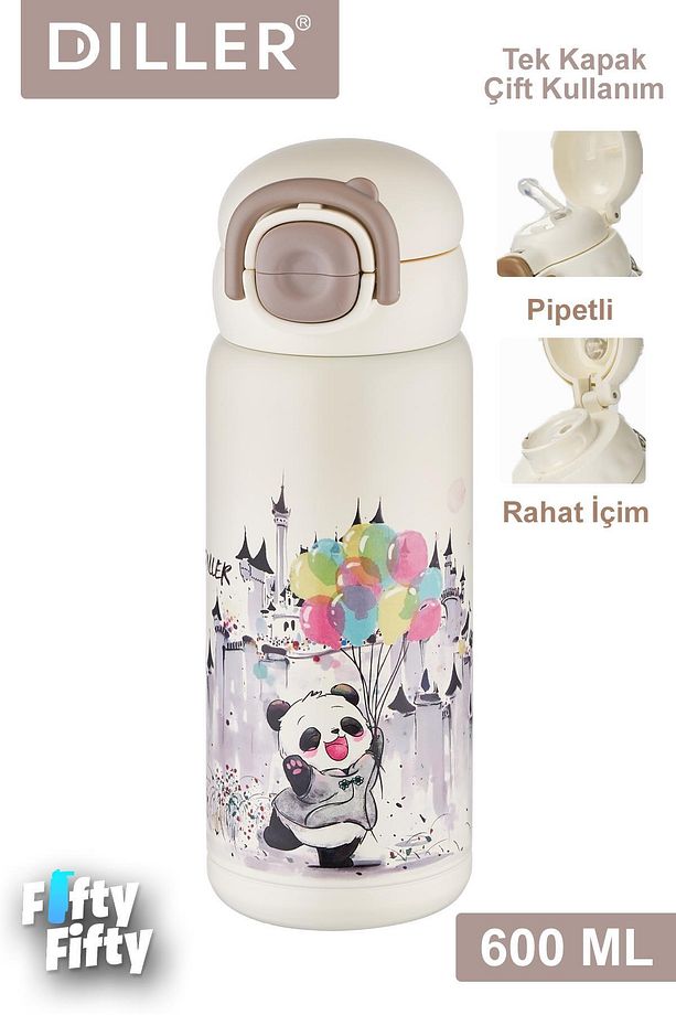 DILLER 600 ML Tek Kapak Çift Kullanım Pipetli/Pipetsiz Taşıma Kulplu Vacum Cup/Çelik Termos -FFDILLE - 1