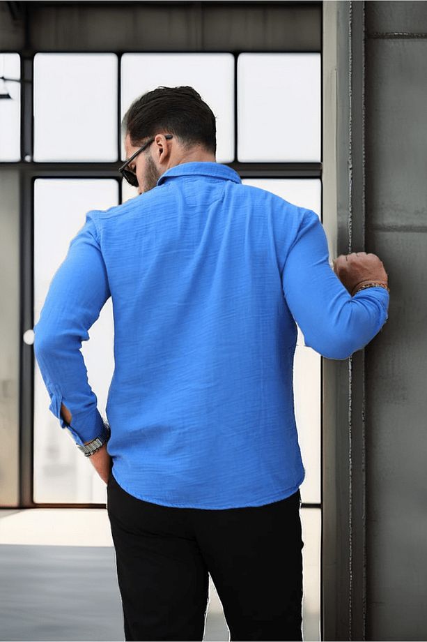 Nefes Alabilir Yarım Oversize Müslin Kumaş Uzun Kol Yakalı Erkek Gömlek - Parlement Mavi - 5