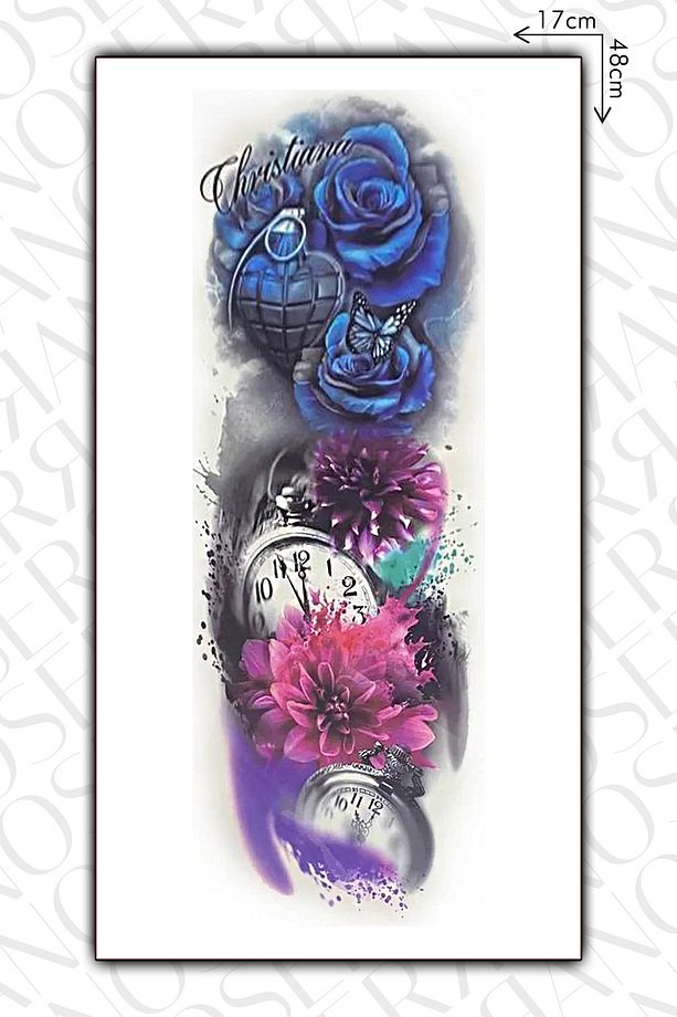 Geçici Çiçek ve Saat Kol ve Bacak Kaplama Dövmesi / Tattoo - 2