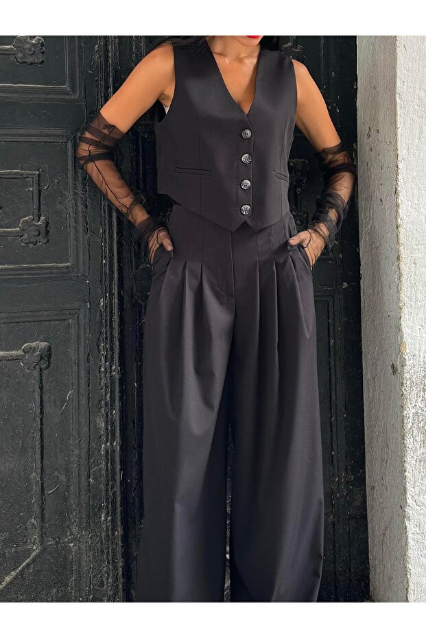 Black Pleated Oversize Polyviscon Trousers 28005