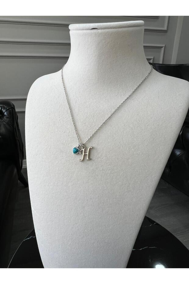 H Letter Necklace Natural Stone Turquoise Heart Charm with Steel Chain