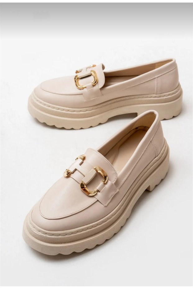 Beige Color Thick Sole Daily Women's Loafer Shoes