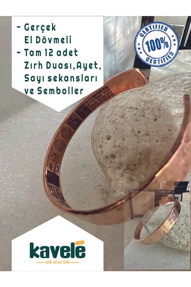 Ham Saf Bakır Full Koruma Zırhlı El Dövmeli Bileklik 17 Cm 35-40gr - 1
