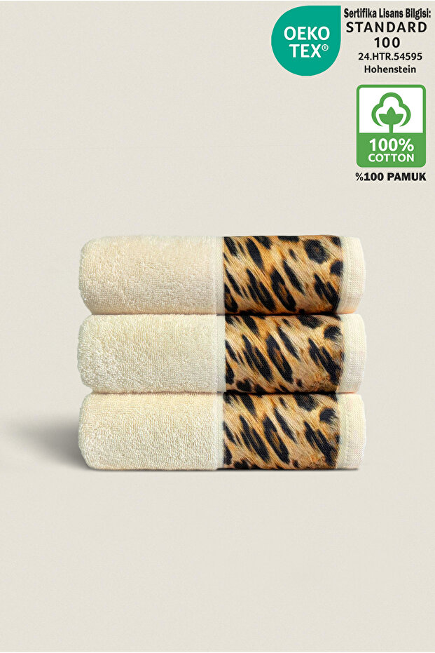 3-Piece Leopard Towel Set 100% Cotton Certified, Hand / Face / Kitchen Towel 50X90Cm - Cream