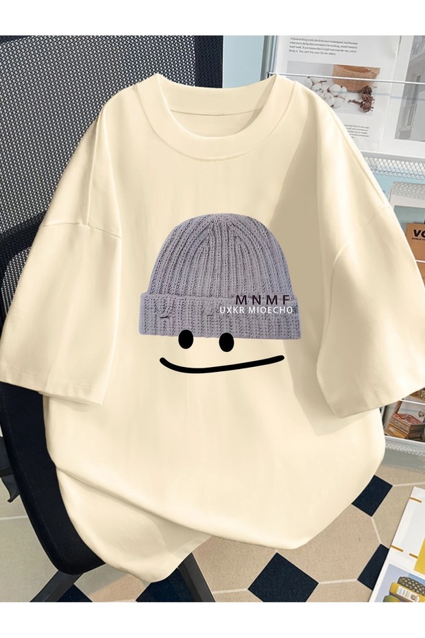 Large Cream Color Cartoon Cheerful Face T-shirt for Women - Comfortable Short Sleeve for Spring/Summer
