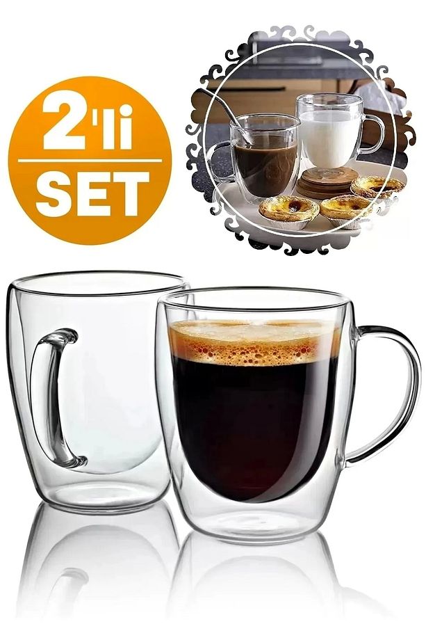 Çift Cidarlı Bardak Cam Kupa 350 ML Espresso Kahve Fincanı Borosilikat Kulplu Çay Bardağı - 1