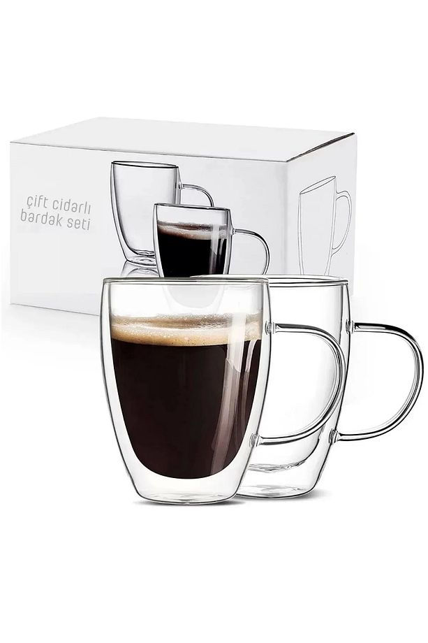 Çift Cidarlı Bardak Cam Kupa 350 ML Espresso Kahve Fincanı Borosilikat Kulplu Çay Bardağı - 3