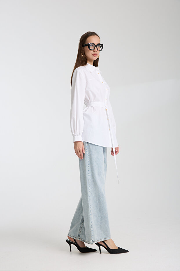 Kemerli Poplin Gömlek - 4