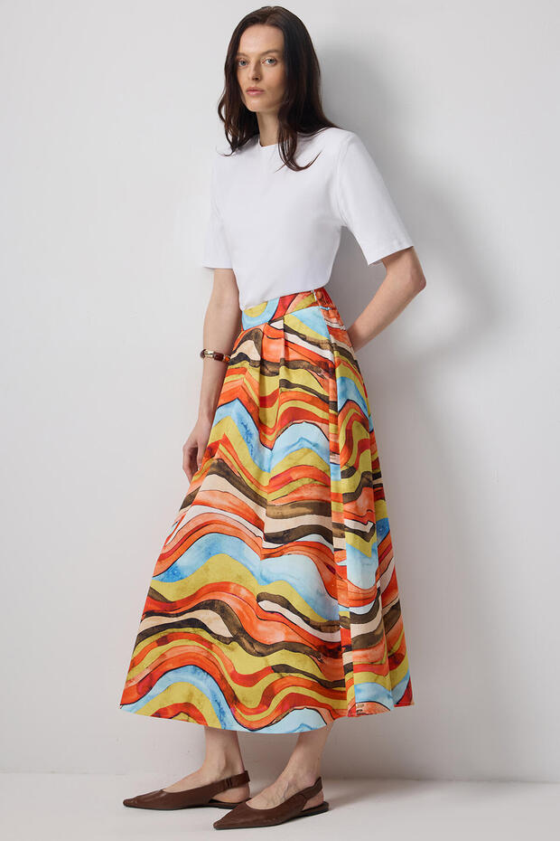 Pleated Abstract Patterned Skirt