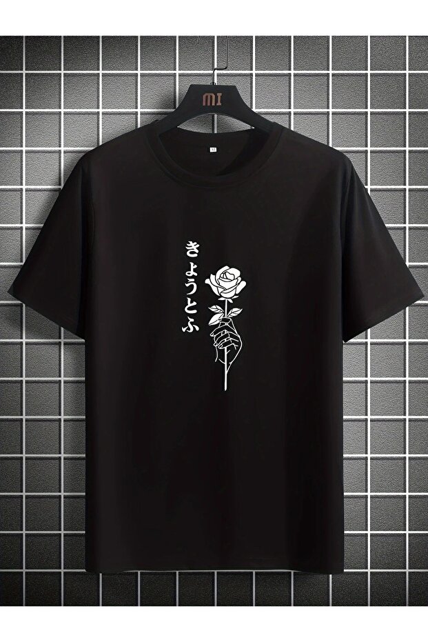 Classic Black Polyester T-Shirt for Men, Stylish White Rose Graphic - Casual Round Neck,