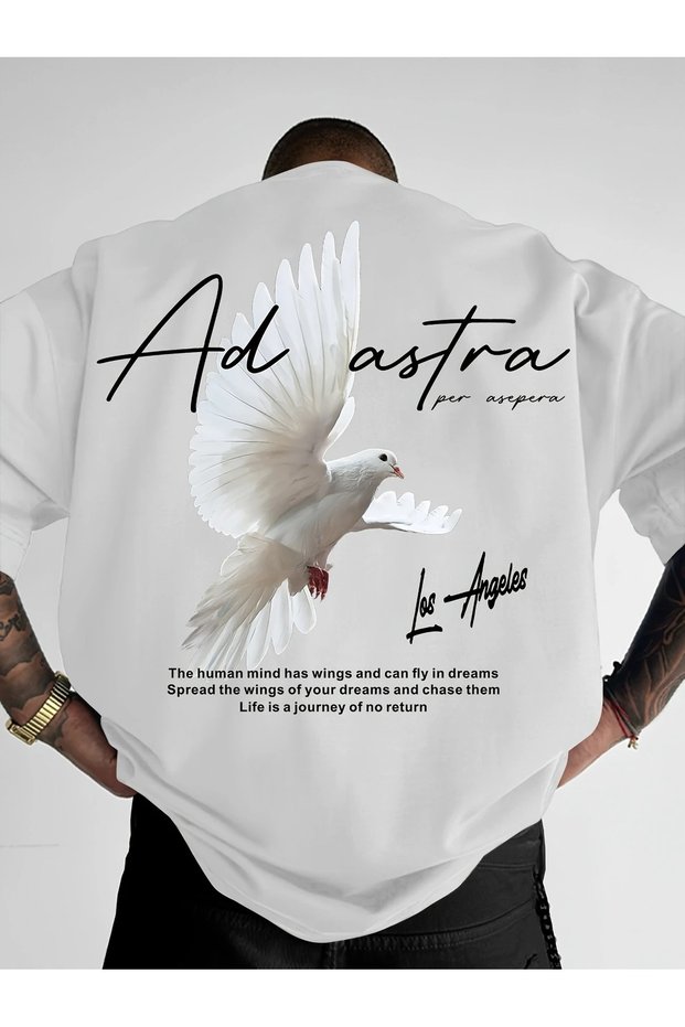 Men's Round Neck American Street Letter Wide T-Shirt, Peace Dove