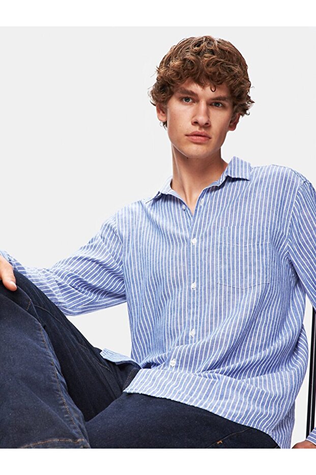 Relaxed Keten Görünümlü Çizgili Mavi Gömlek - 6
