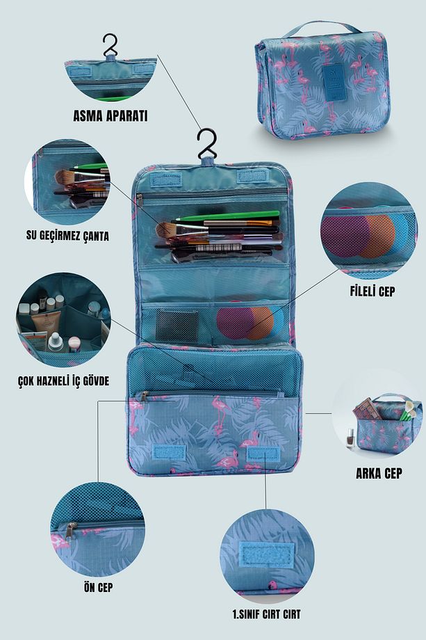 Çok Fonksiyonlu Askılı Makyaj Çantası Flamingo Desen ( Büyük Boy ) - 7